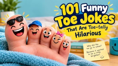 101 funny toe jokes with laughing cartoon toes