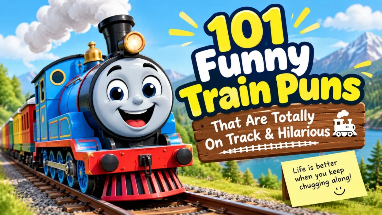 101 funny train puns with a cheerful cartoon train