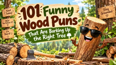 Funny wood puns with a smiling tree character