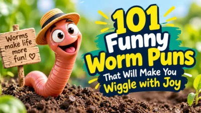 101 funny worm puns with a cheerful cartoon earthworm