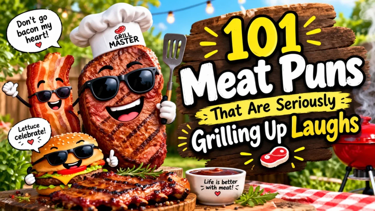 101 funny meat puns with grilled steak, bacon, and burger characters