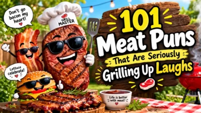 101 funny meat puns with grilled steak, bacon, and burger characters