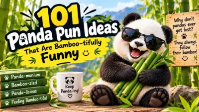 101 funny panda pun ideas with a panda holding bamboo