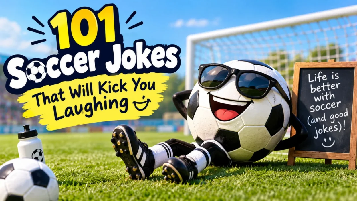 101 funny soccer jokes with a laughing soccer ball