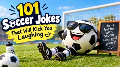 101 funny soccer jokes with a laughing soccer ball