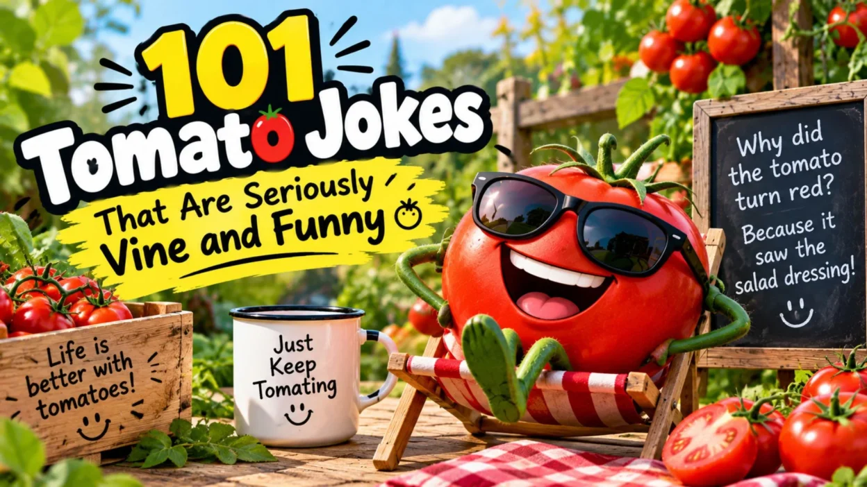 101 funny tomato jokes with a smiling tomato