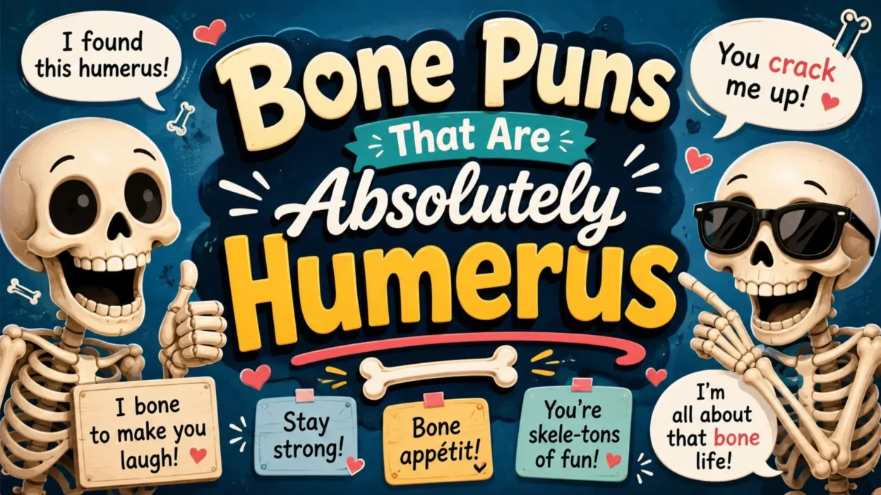 Funny bone puns with smiling skeletons