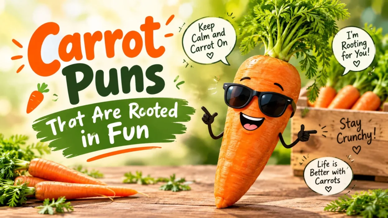 Funny carrot puns with a cheerful cartoon carrot and fresh vegetables