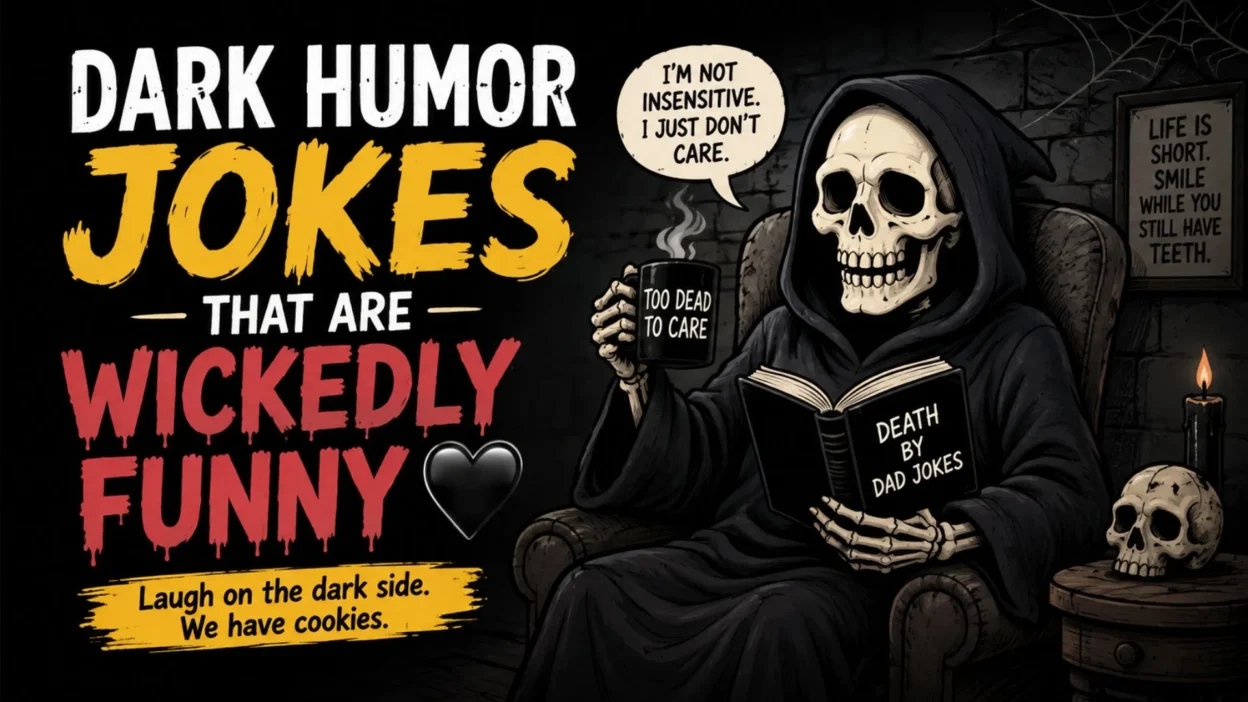 Dark humor jokes graphic with spooky grim reaper and skulls