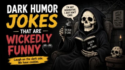 Dark humor jokes graphic with spooky grim reaper and skulls