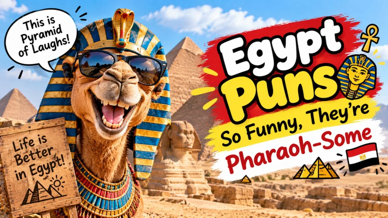 Funny Egypt puns with pyramids and a playful camel