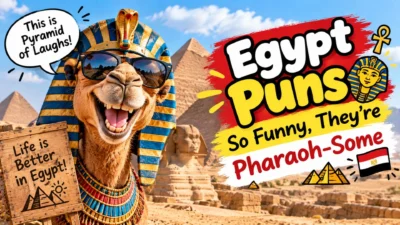 Funny Egypt puns with pyramids and a playful camel