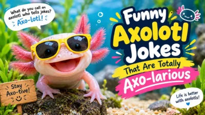 Funny axolotl jokes graphic featuring a smiling axolotl wearing yellow sunglasses underwater
