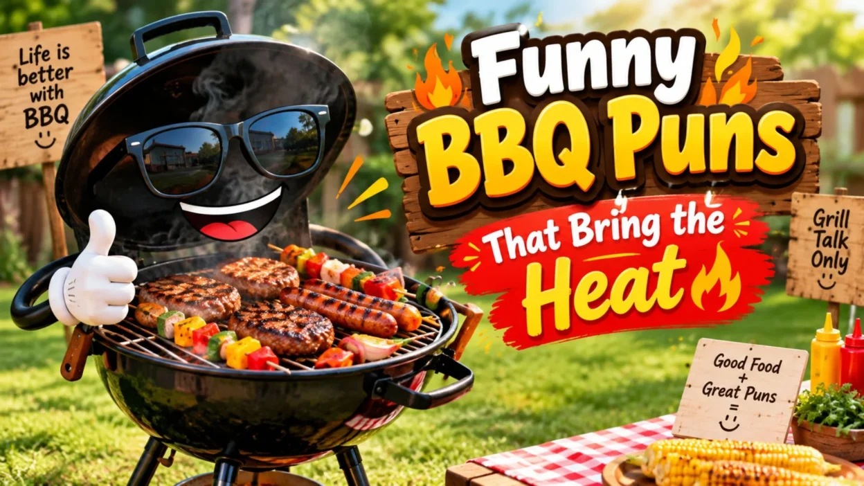 Funny BBQ puns with grilled food, burgers, and barbecue humor