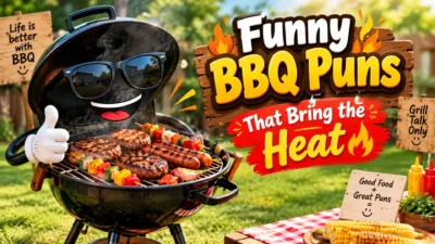 Funny BBQ puns with grilled food, burgers, and barbecue humor