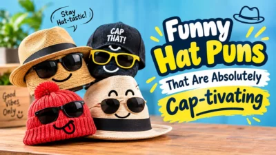 Funny hat puns graphic featuring playful hats with sunglasses and colorful typography