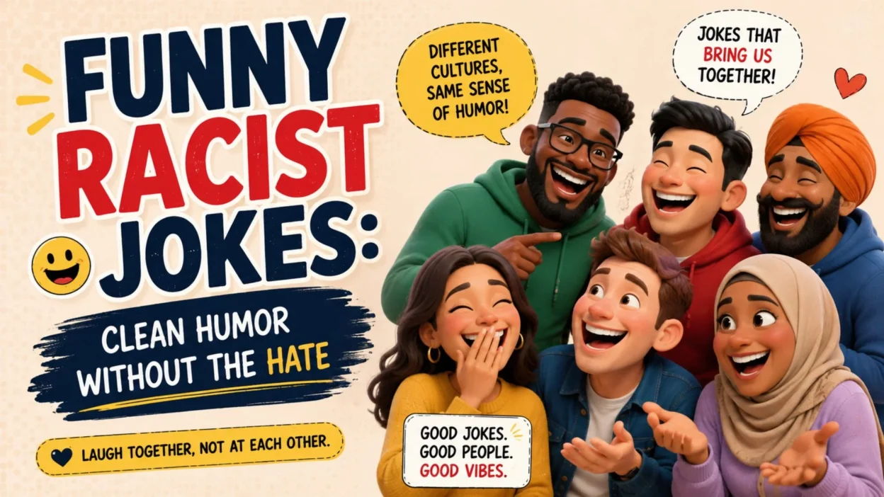 Funny racist jokes graphic promoting clean humor without hate