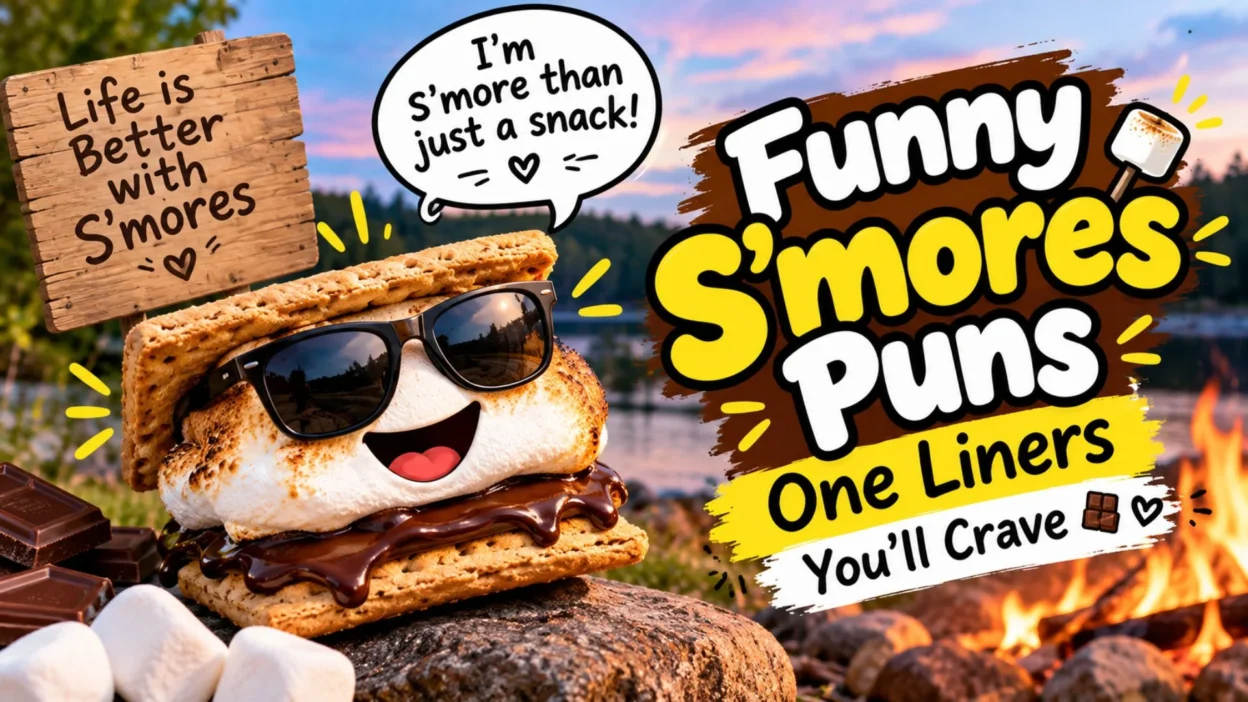 Funny s’mores puns with chocolate and marshmallows