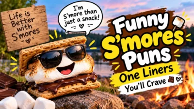Funny s’mores puns with chocolate and marshmallows