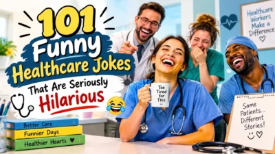 101 funny healthcare jokes with laughing medical staff