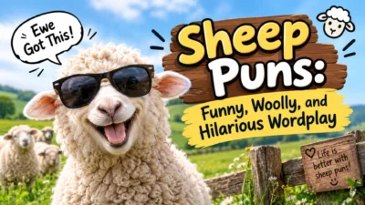 Funny sheep wearing sunglasses in a green meadow with a Sheep Puns title.
