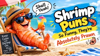 Funny shrimp puns graphic with playful shrimp
