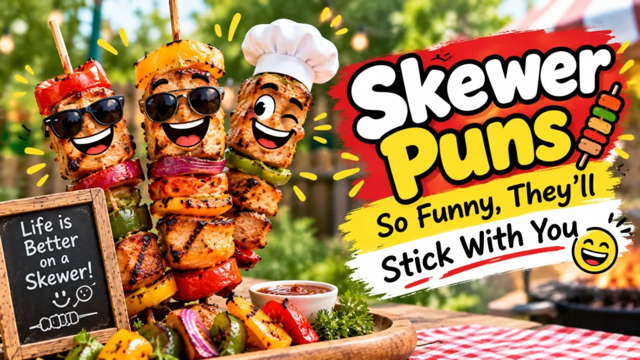 Funny skewer puns with colorful grilled kebabs