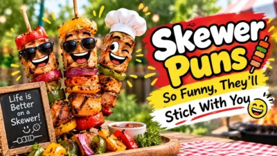 Funny skewer puns with colorful grilled kebabs