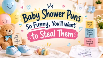 Baby shower puns with cute balloons, teddy bear, baby shoes, and colorful decorations