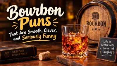 Bourbon puns with a bourbon glass, oak barrel, and funny wordplay
