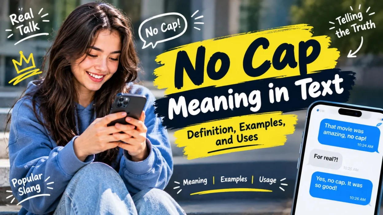 No cap meaning in text explained with a woman texting on her phone and examples of the popular slang phrase.