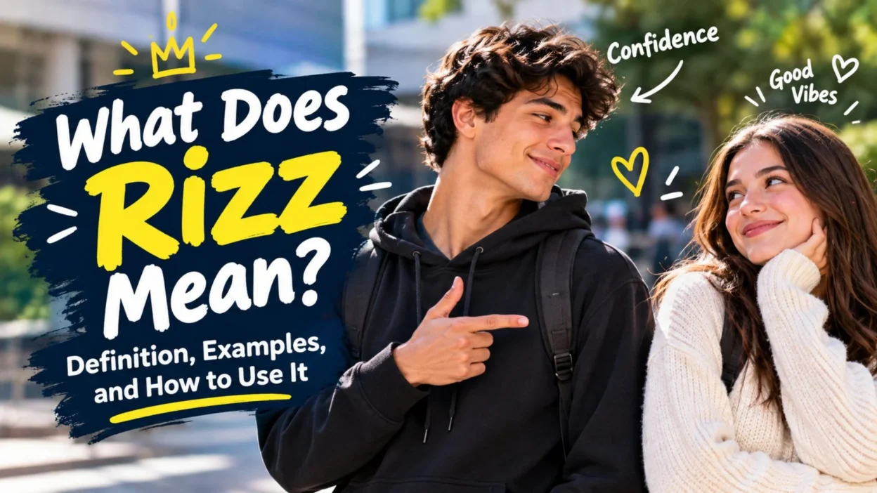 What does rizz mean with a confident young man and woman smiling at each other