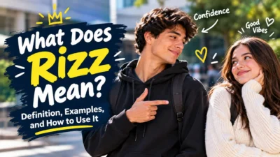 What does rizz mean with a confident young man and woman smiling at each other