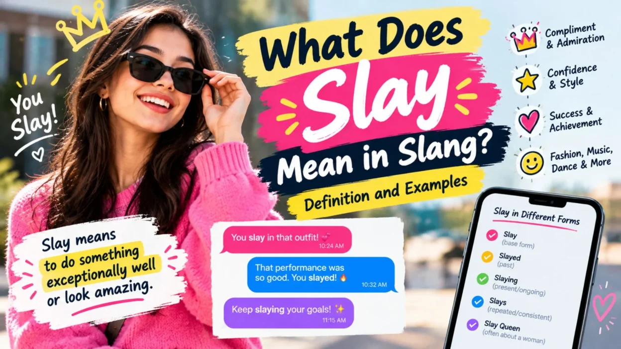 What does slay mean in slang? A colorful graphic explaining the meaning of slay with examples of confidence, style, and success.